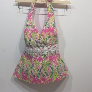 Lilly Pulitzer halter w/white emb trim, lined  8